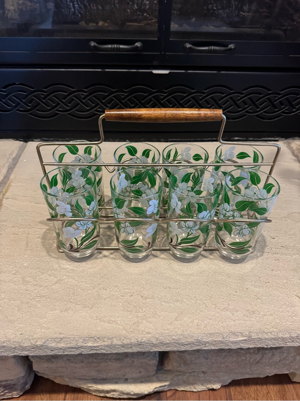 Vintage MCM Set of 8 Floral Drinking Glasses with Metal Carrier Wood Handle